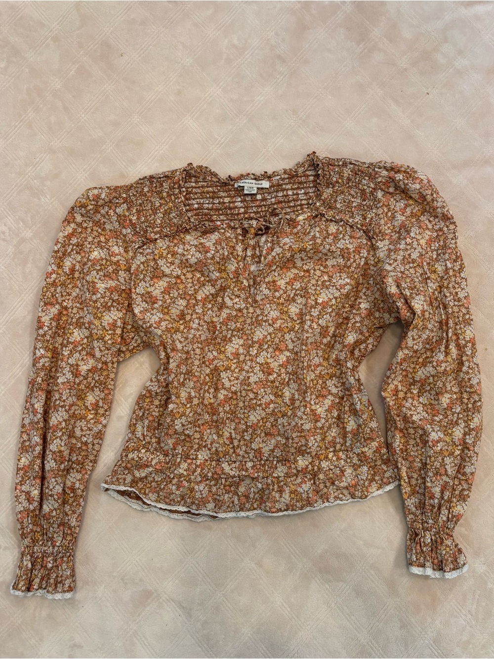 American Eagle Outfitters Rust Floral Long-Sleeve Peasant Blouse
